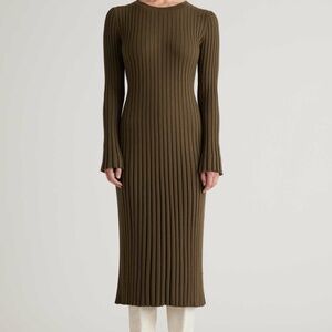 Quince Olive Green Ribbed Long-Sleeve Midi Dress